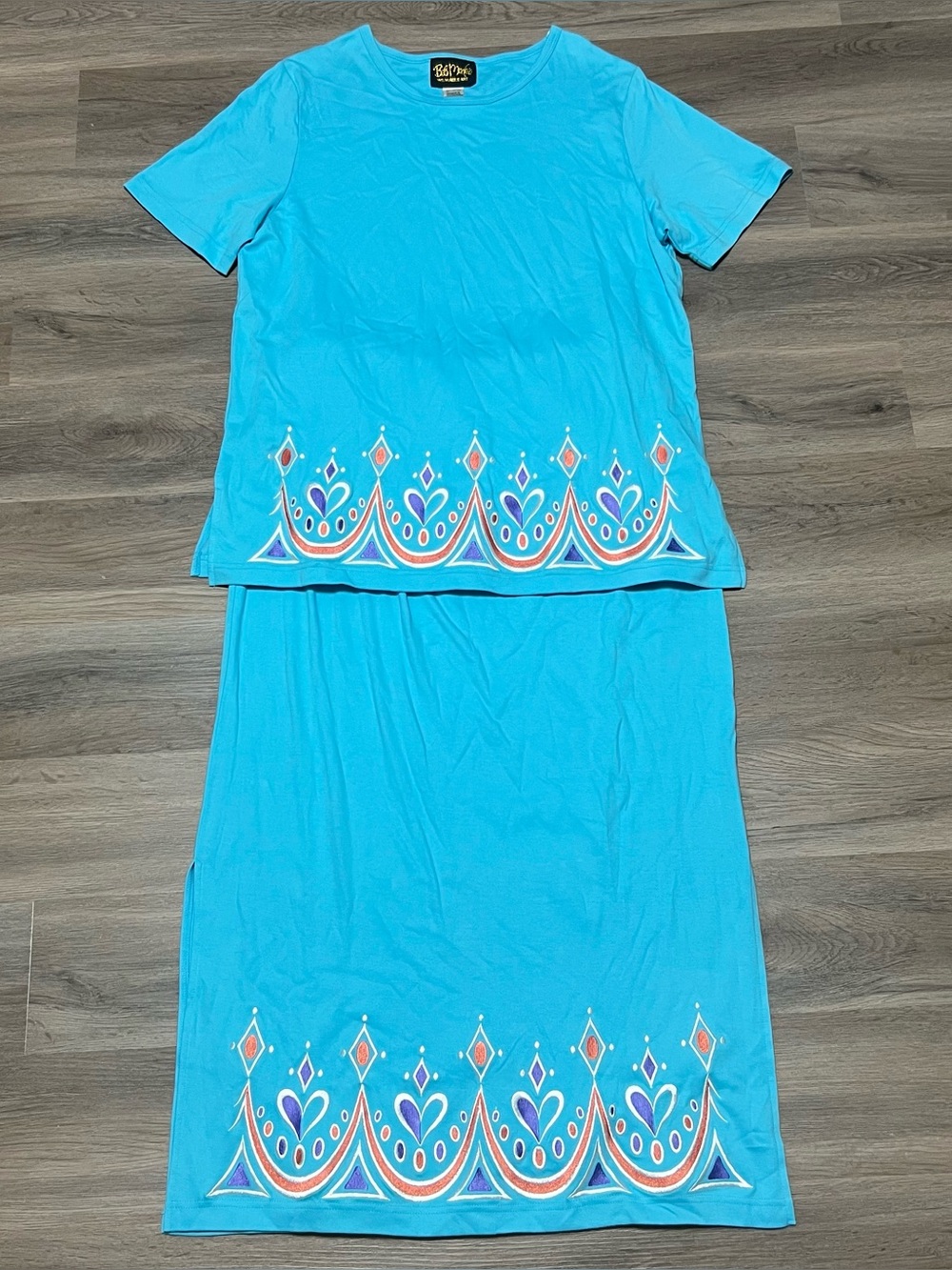 Bob Mackie Large Pull On Maxi Skirt & Top Set Blue Cotton Wearable Art 2 pc